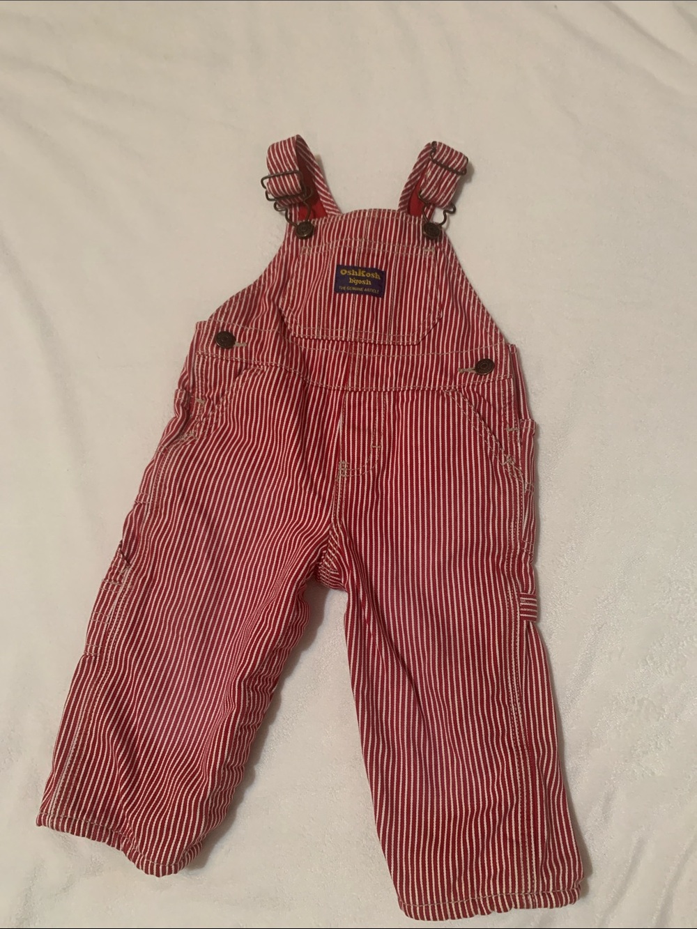 OshKosh B'gosh Red and White Raildroad Hickory Stripe Baby size Overalls 12mths